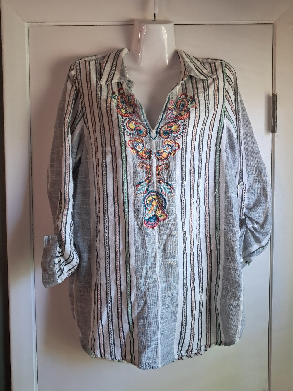 Soft Surroundings Embroidered Striped Tunic Top in Light Gray with Multicolor